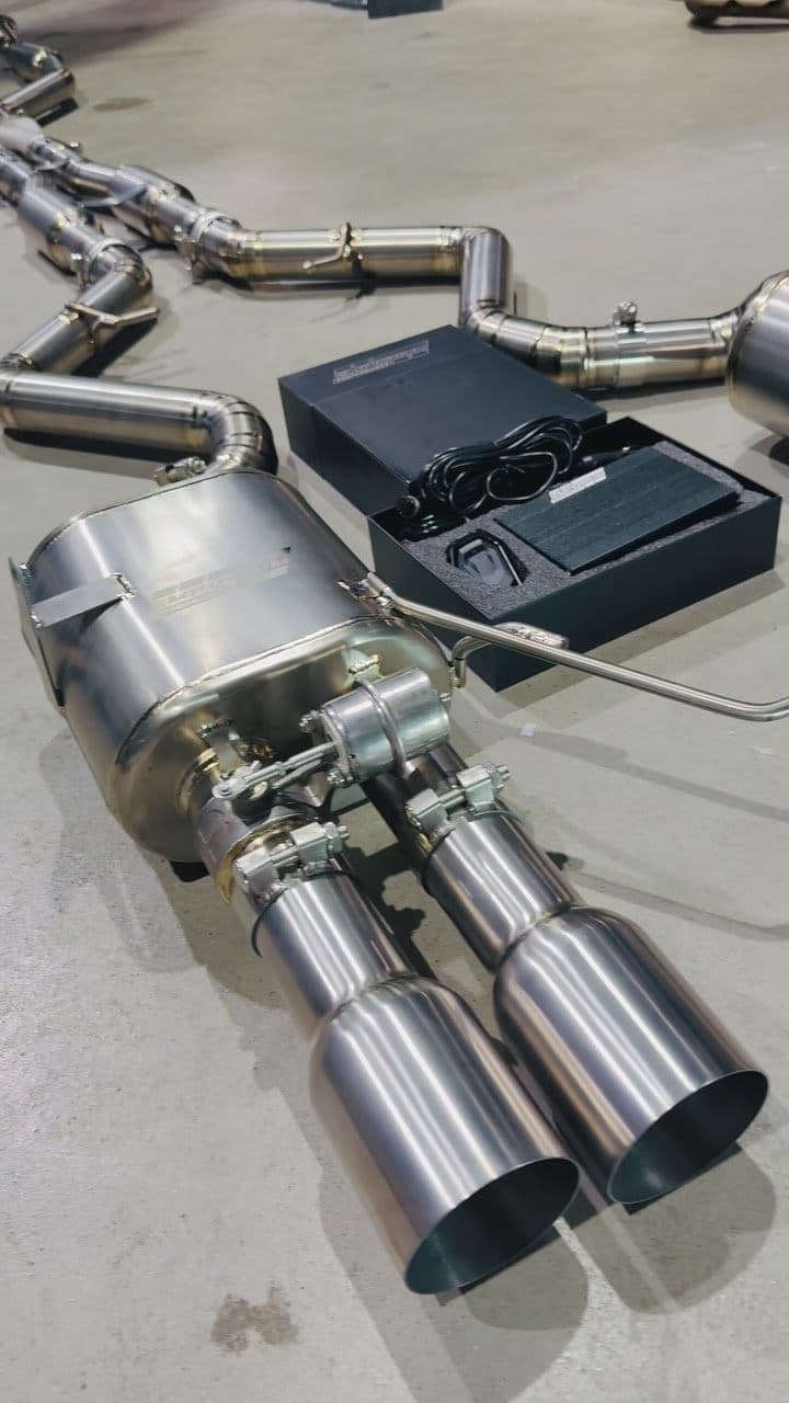 Titanium exhaust close-up showing heat colouring